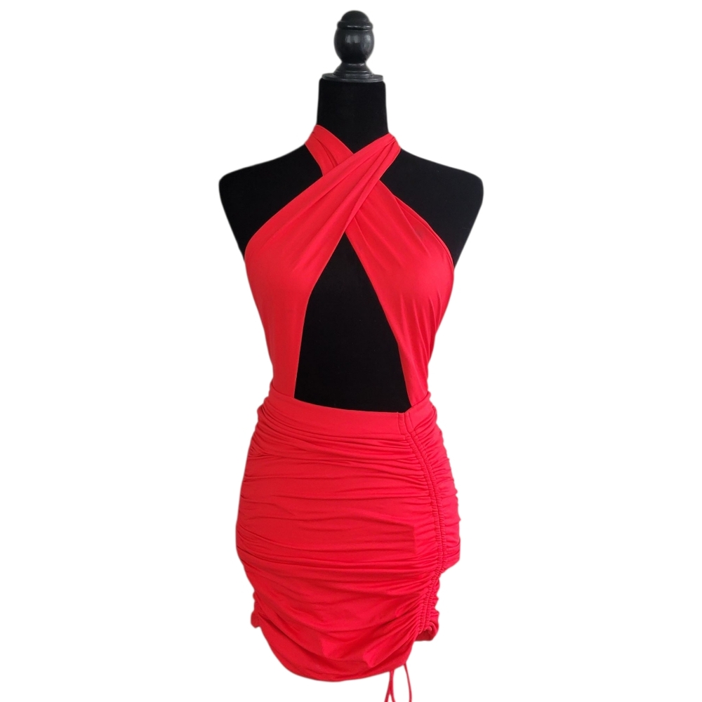 BABYBOO RED RUCHED HALTER CRISSCROSS SEXY DRESS - Picture 2 of 6